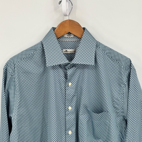 Peter Millar Crown Finish Geometric Dress Shirt Blue White Cotton Mens Large - Picture 7 of 10